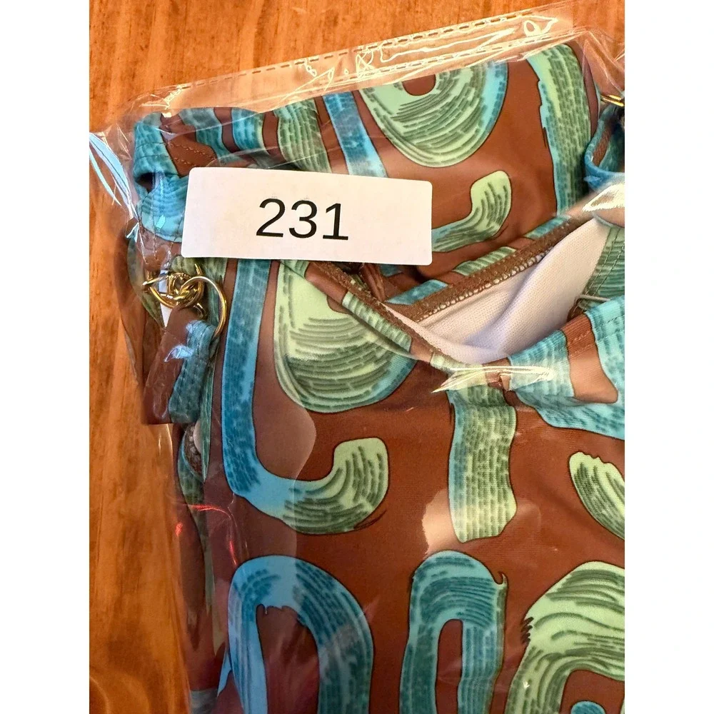 Abstract Print One Piece Swimsuit Brown Teal Gold Chain Straps XL Fits Large